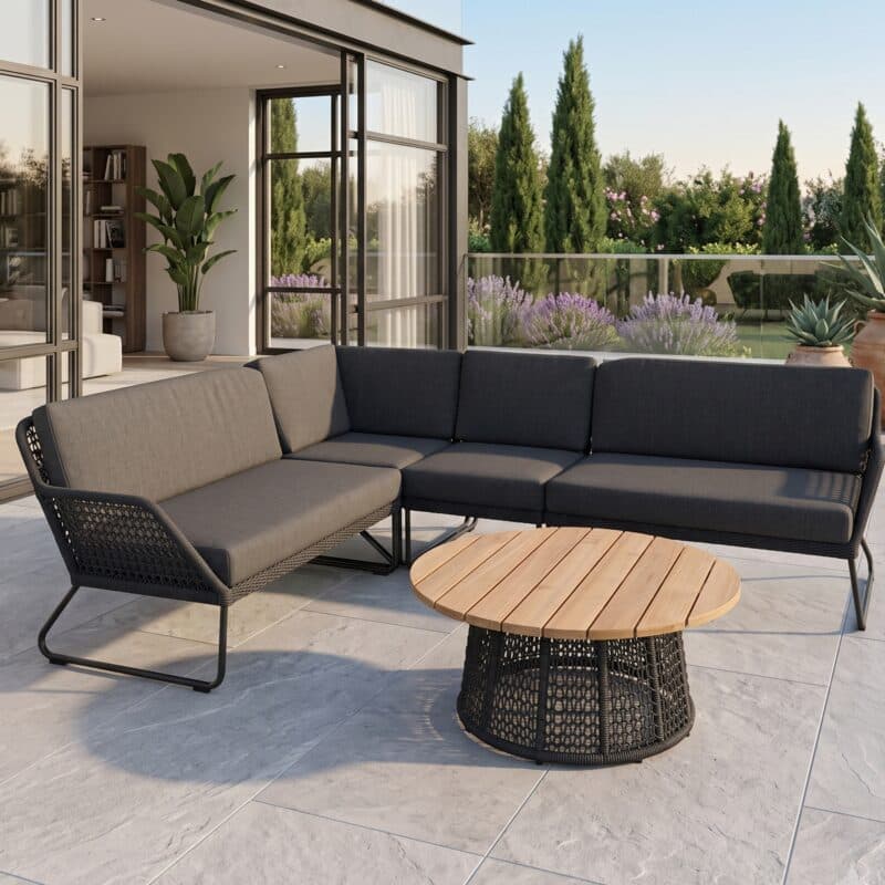 Sonnenpartner "Poison" Loungeset, Geflecht dunkelgrau, Tischplatte Teak (Bild Ki-generiert)