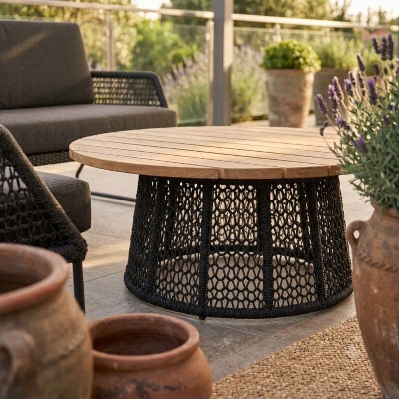 Sonnenpartner "Poison“ Loungetisch, Gestell Aluminium grau, Geflecht Polyrope dunkelgrau, Tischplatte Teak (Bild KI-generiert)