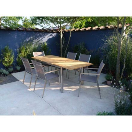 Jati&Kebon "Mallorca" Ausziehtisch, Edelstahl mit Teakholz und Stuhl "Rome"