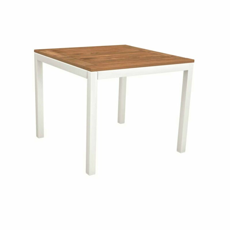 Stern Tischsystem, Gestell Aluminium weiß, Tischplatte Teakholz, Größe: 90x90 cm
