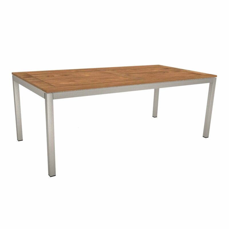 Stern Tischsystem, Gestell Edelstahl Vierkantrohr, Tischplatte Teak, Größe: 200x100 cm