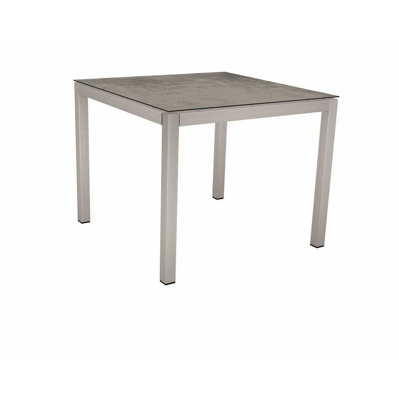 Stern Tischsystem, Gestell Edelstahl Vierkantrohr, Tischplatte HPL Zement 80x80 cm