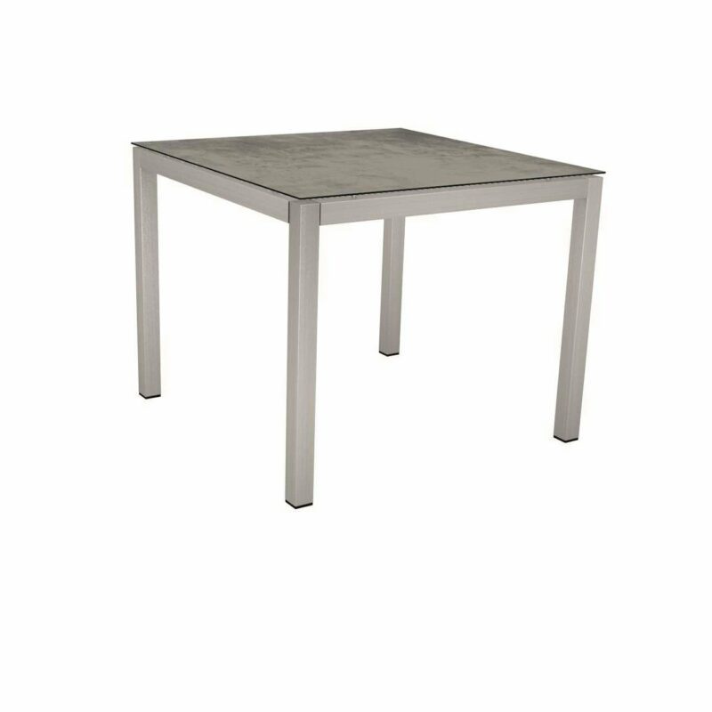 Stern Tischsystem, Gestell Edelstahl Vierkantrohr, Tischplatte HPL Zement 90x90 cm