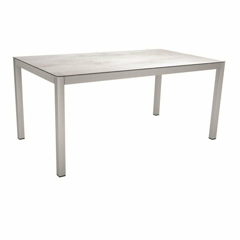 Stern Tischsystem, Gestell Edelstahl Vierkantrohr, Tischplatte HPL Zement hell, 130x80 cm