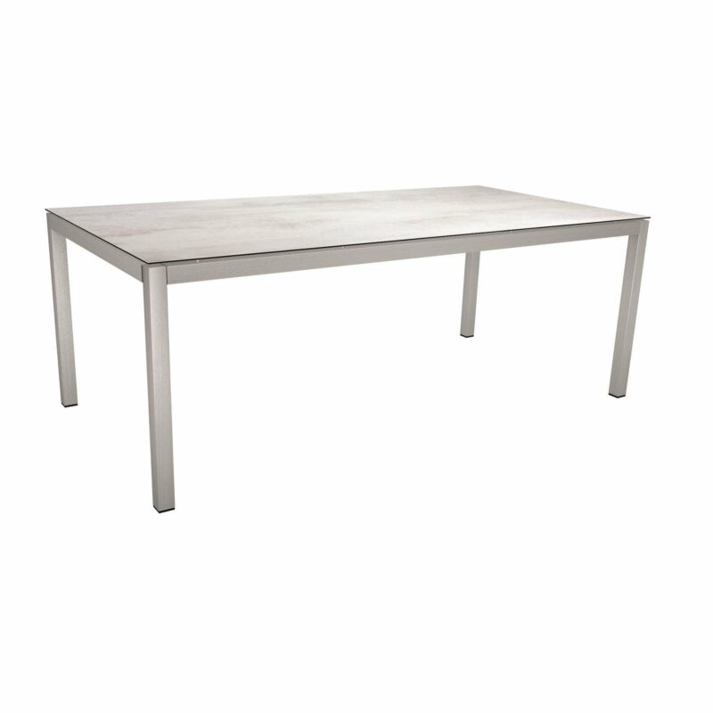 Stern Tischsystem, Gestell Edelstahl Vierkantrohr, Tischplatte HPL Zement hell, 200x100 cm