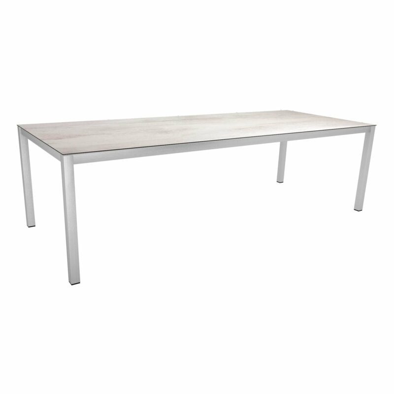 Stern Tischsystem, Gestell Edelstahl Vierkantrohr, Tischplatte HPL Zement hell, 250x100 cm