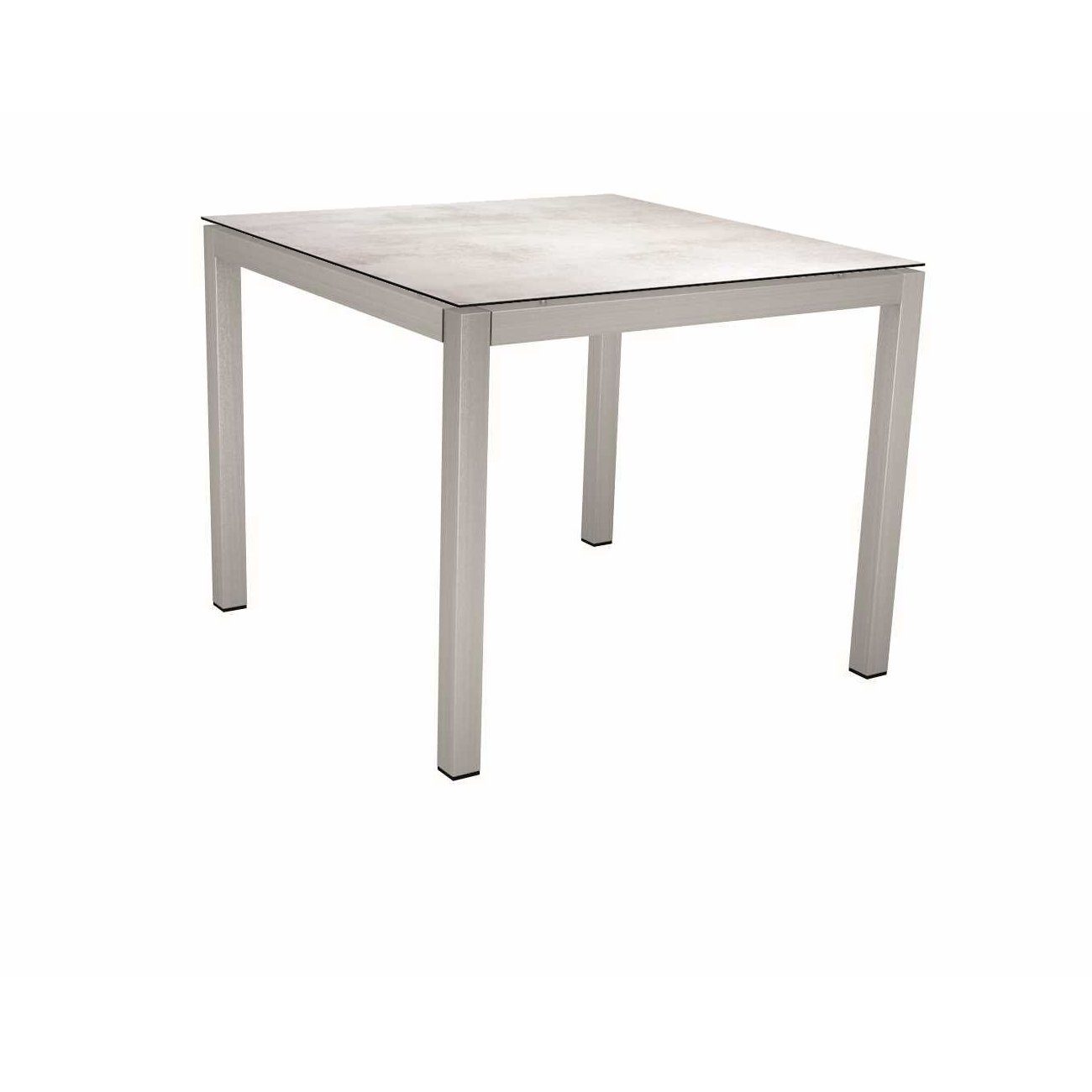 Stern Tischsystem, Gestell Edelstahl Vierkantrohr, Tischplatte HPL Zement hell, 80x80 cm