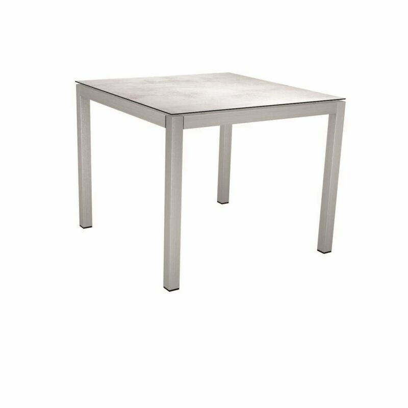 Stern Tischsystem, Gestell Edelstahl Vierkantrohr, Tischplatte HPL Zement hell, 90x90 cm