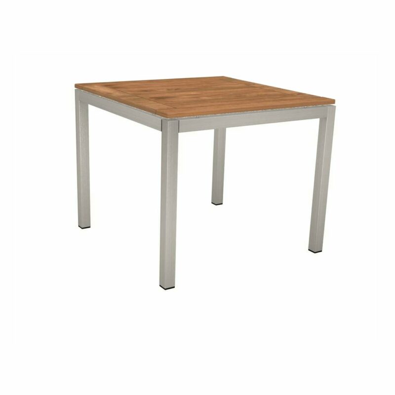 Stern Tischsystem, Gestell Edelstahl Vierkantrohr, Tischplatte Teak, Größe: 80x80 cm