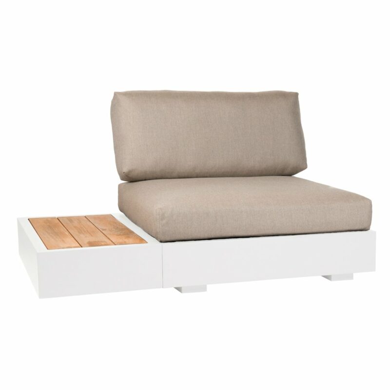Jati&Kebon "Bari" Basismodul mit Rückenlehne und Beistelltisch, Gestell Aluminium weiß, Kissen Shingles Premium, Tischplatte Teak