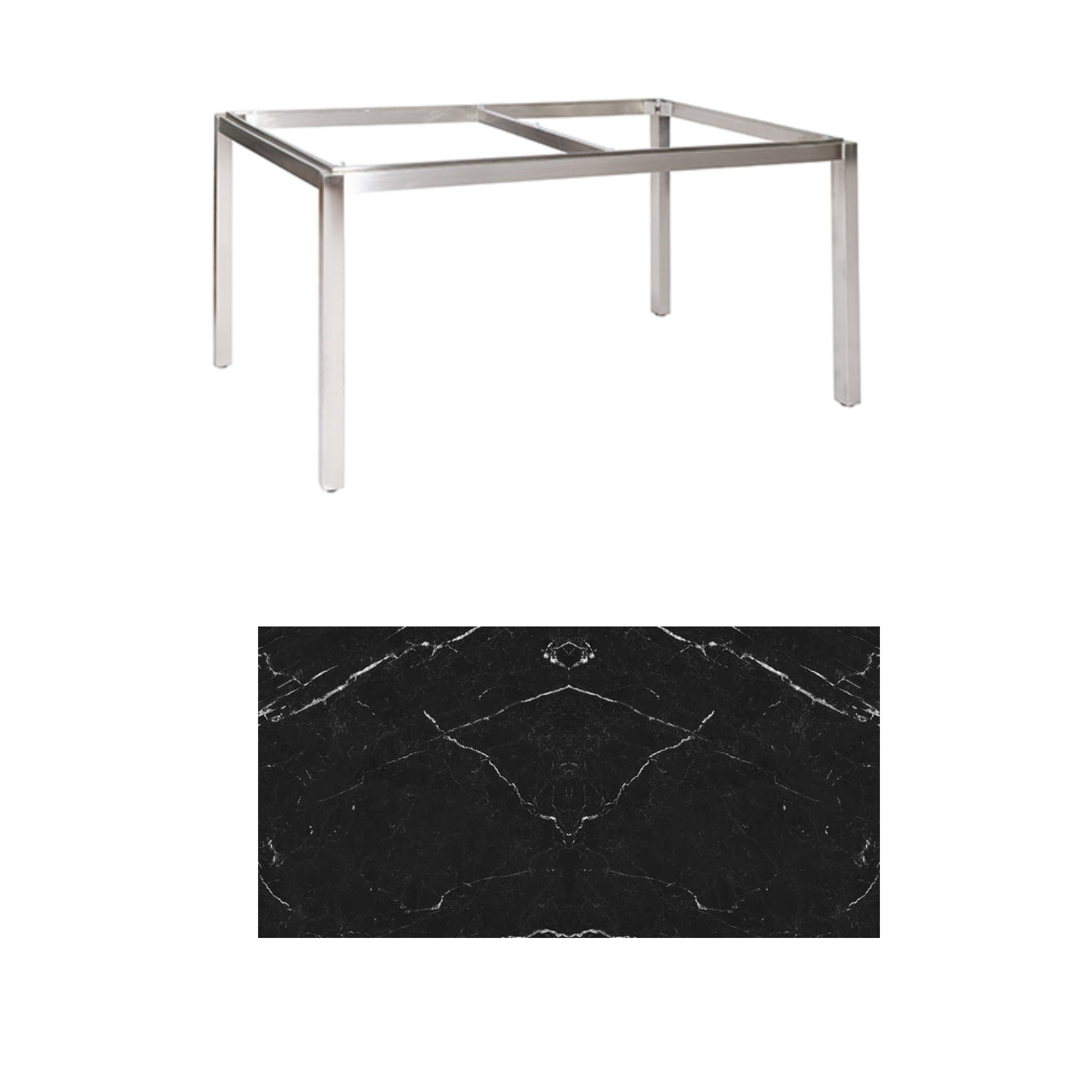 Jati & Kebon Tischgestell "Muri" 160x90 cm, Edelstahl, Tischplatte Keramik Dark Marble