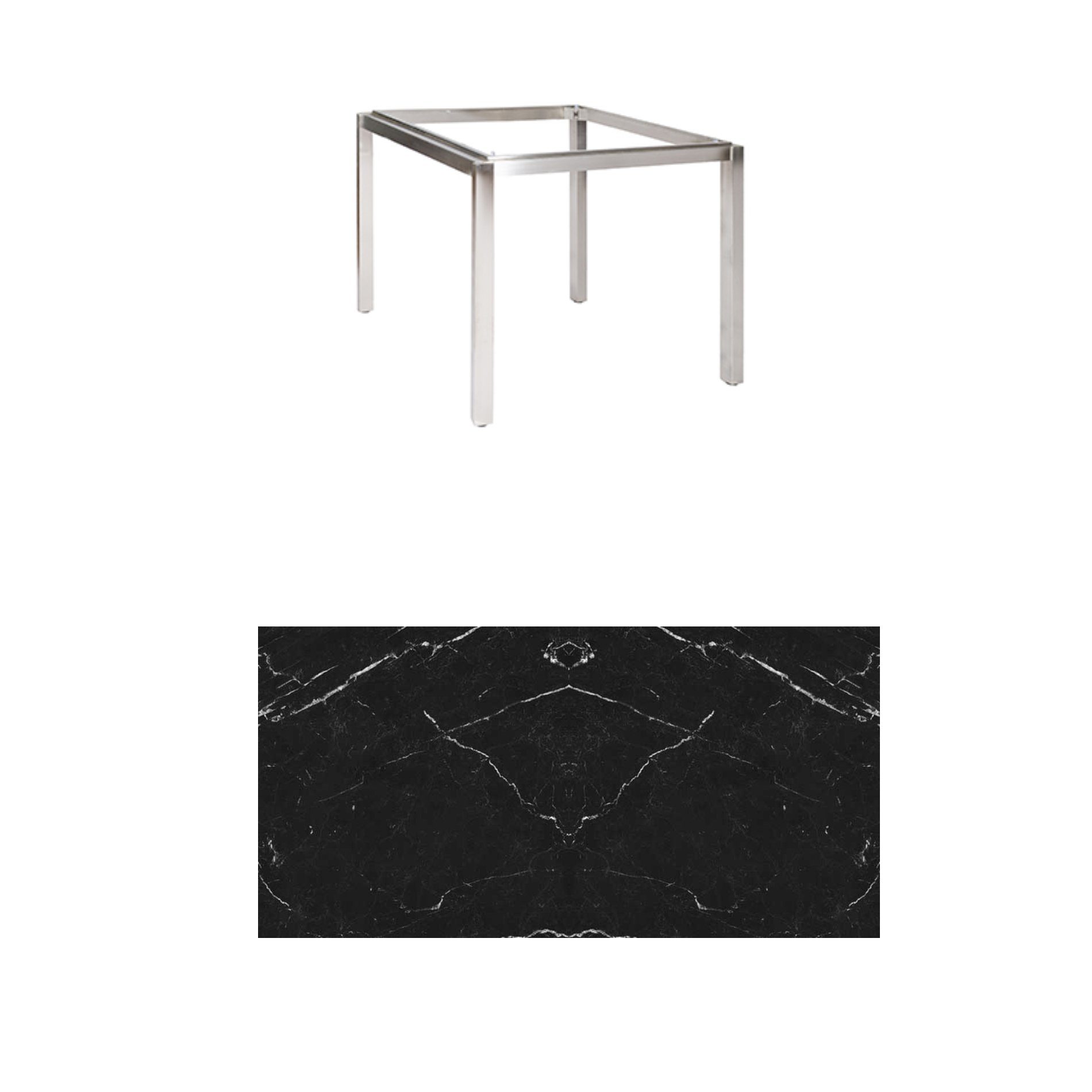 Jati & Kebon Tischgestell "Muri" 90x90 cm, Edelstahl, Tischplatte Keramik Dark Marble