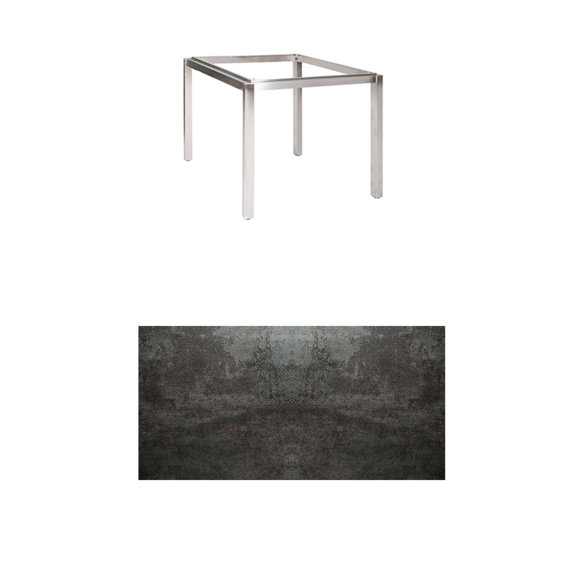 Jati & Kebon Tischgestell "Muri" 90x90 cm, Edelstahl, Tischplatte Keramik Oxido Dark Night