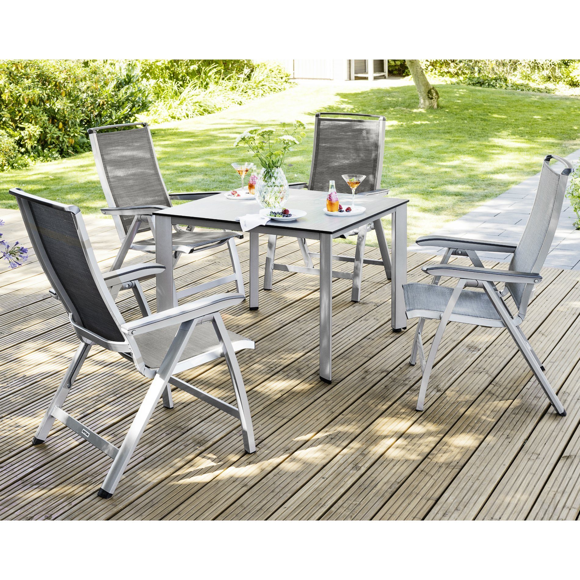 Kettler Gartenmöbel-Set mit "Forma II" Sessel und "Edge" Tisch, Gestell Aluminium silber, Sitzfläche Textilgewebe graphit