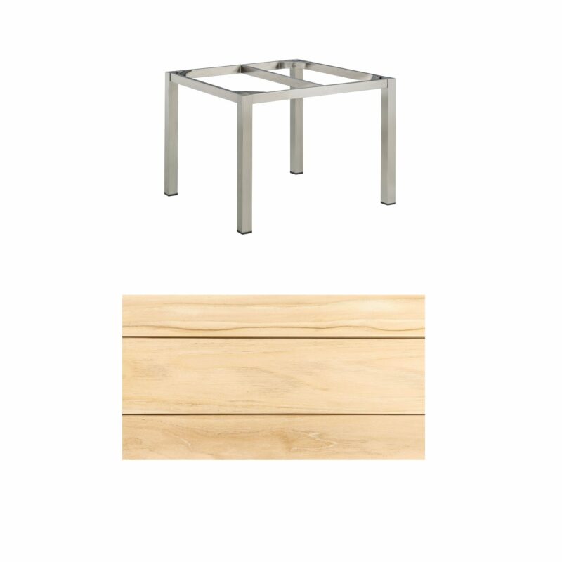 Kettler “Cubic“ Tischsystem Gartentisch, Gestell Edelstahl gebürstet, Tischplatte Teakholz breite Leisten, 95x95 cm