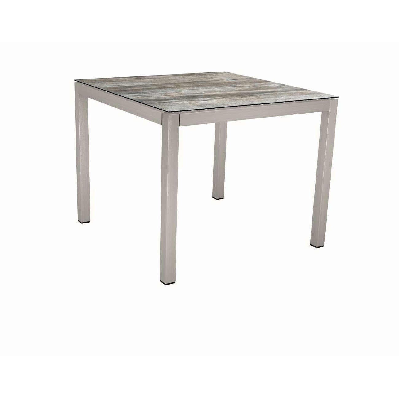Stern Tischsystem, Gestell Edelstahl Vierkantrohr, Tischplatte HPL Tundra grau, 80x80 cm