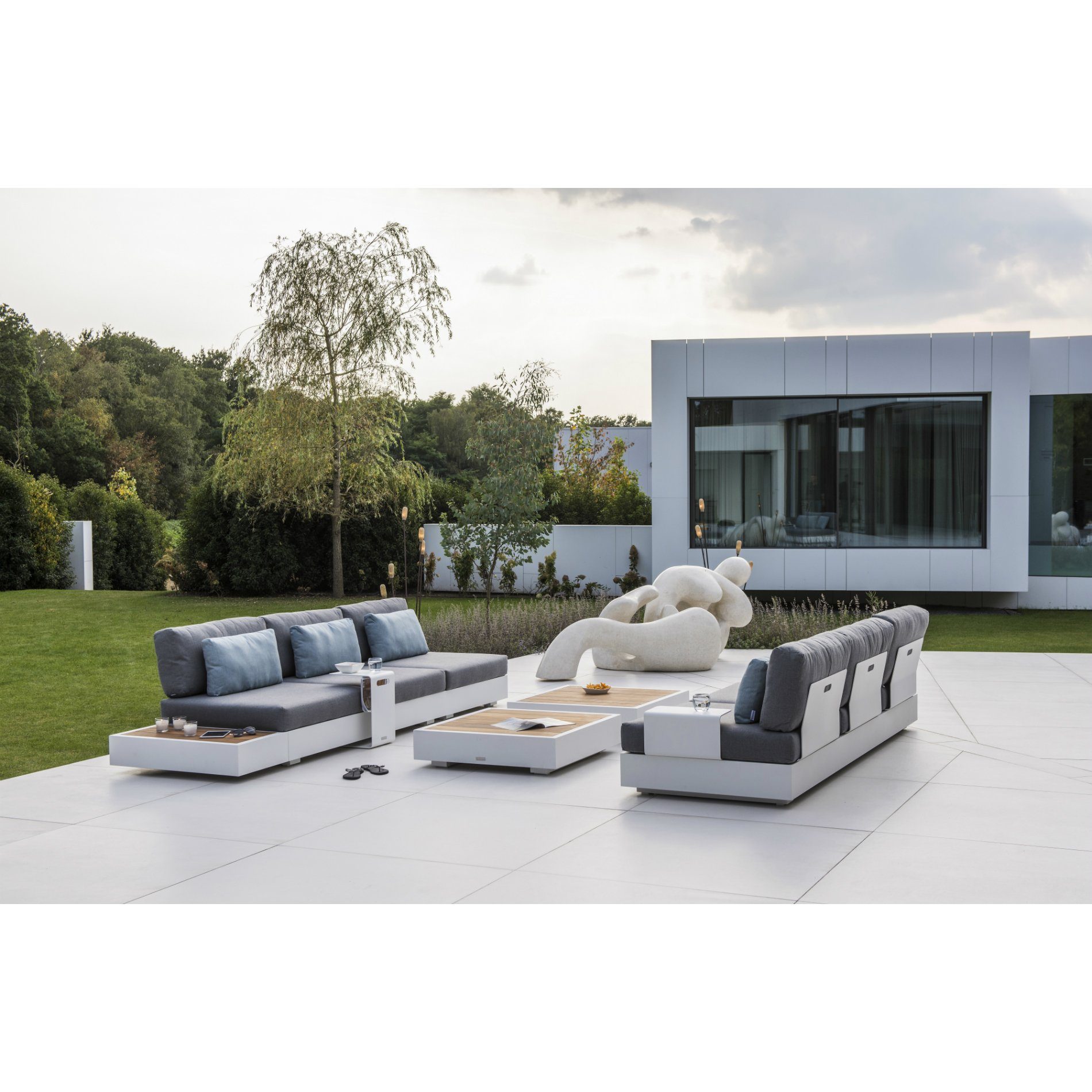 Jati&Kebon "Bari" Lounge-Set, Gestell Aluminium weiß, 3-Sitzer Basismodul, Beistelltisch groß und klein