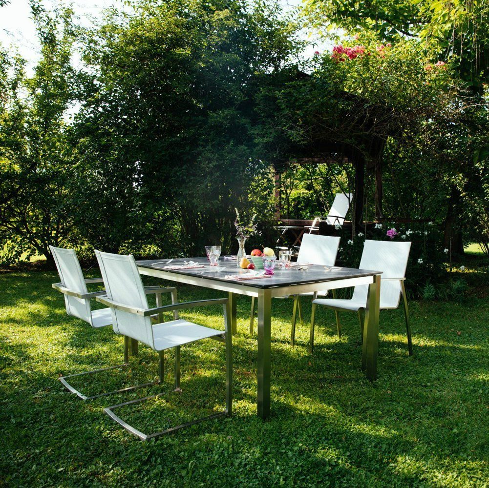 Diamond Garden "Ancona" Stapelstuhl und Swingstuhl in hellgrau mit Tisch "San Marino", Tischplatte schiefer