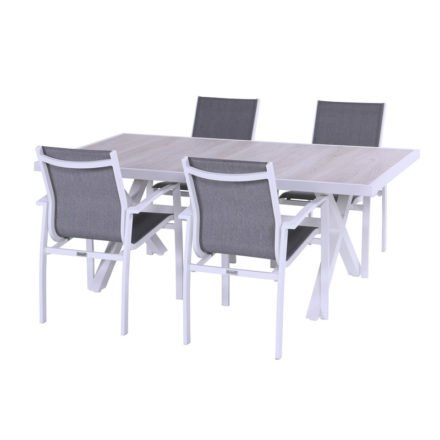 Hartman "Canterbury" Gartenstuhl und Gartentisch 188 x 96 cm, Gestell Aluminium weiß, Tischplatte Keramik beige wood