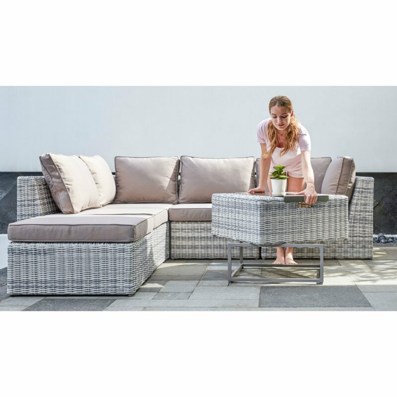 Home Islands "Kyoko" Couchtisch, Gestell Aluminium. Polyrattan Geflecht Salt/Pepper, Inklusive Edelstahltablett, höhenverstellbar