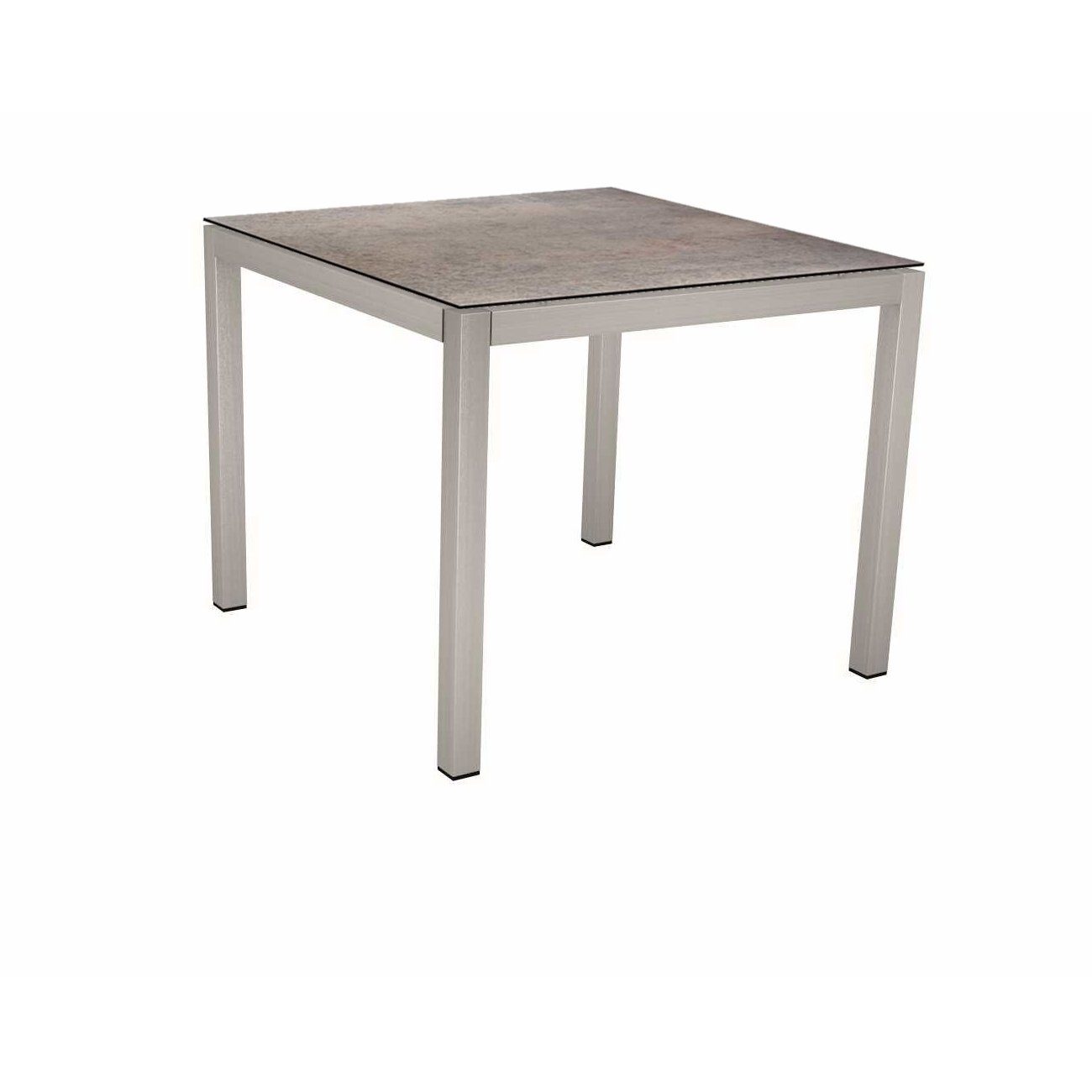 Stern Tischsystem, Gestell Edelstahl Vierkantrohr, Tischplatte HPL Smoky, 80x80 cm