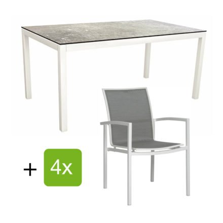 Stern Gartenmöbel-Set "Evoee", Gestelle Aluminium weiß, Sitzfläche Textilgewebe silberfarben, Tischplatte HPL Vintage Stone