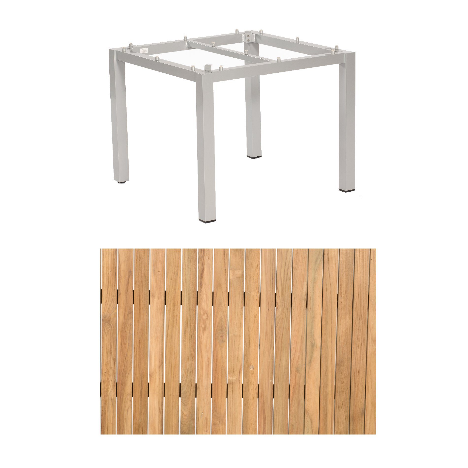 Sonnenpartner "Base" Gartentisch, Gestell Aluminium silber, Tischplatte Natur Teak, Größe: 90x90 cm