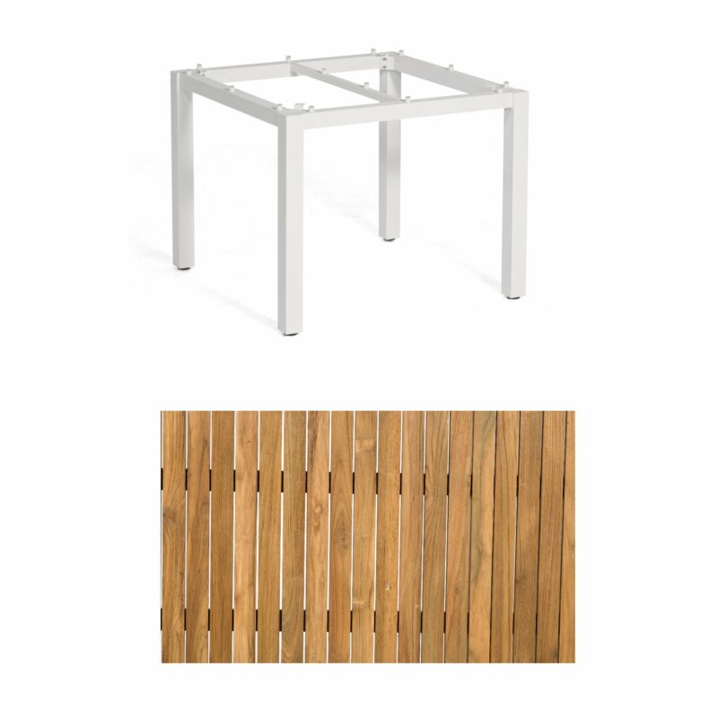 Sonnenpartner "Base" Gartentisch, Gestell Aluminium weiß, Tischplatte Old Teak, Größe: 90x90 cm