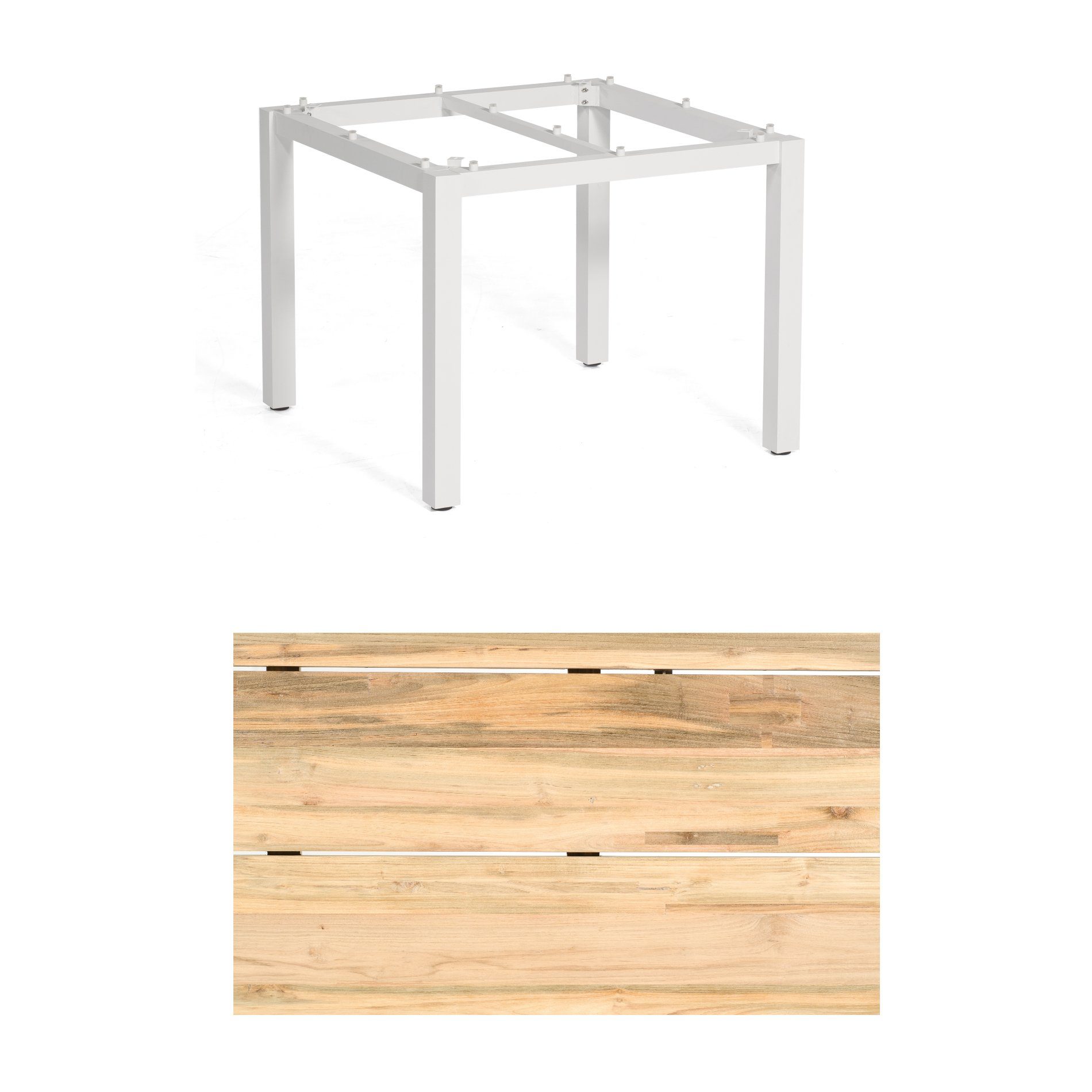 Sonnenpartner "Base" Gartentisch, Gestell Aluminium weiß, Tischplatte Old Teak Natur, Größe: 90x90 cm
