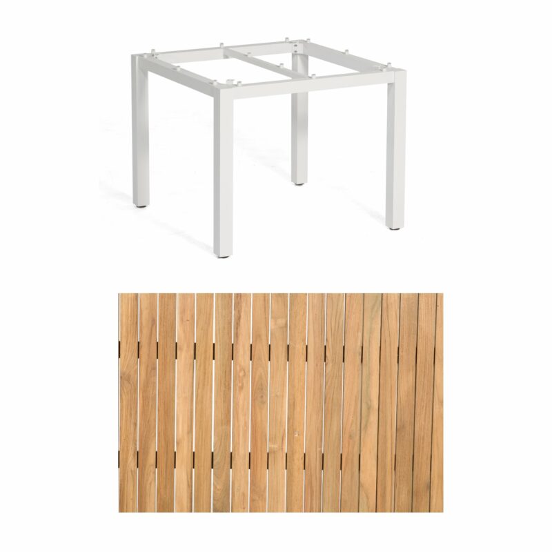 Sonnenpartner "Base" Gartentisch, Gestell Aluminium weiß, Tischplatte Natur Teak, Größe: 90x90 cm