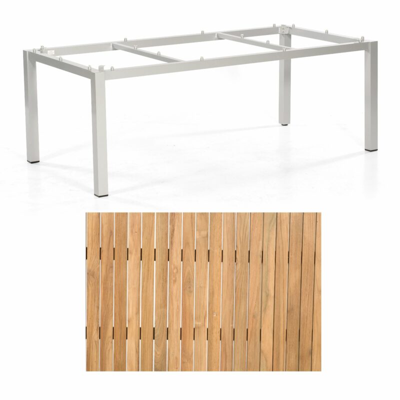 Sonnenpartner "Base" Gartentisch, Gestell Aluminium silber, Tischplatte Natur Teak, Größe: 200x100 cm