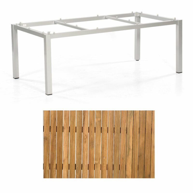 Sonnenpartner "Base" Gartentisch, Gestell Aluminium silber, Tischplatte Old Teak, Größe: 200x100 cm