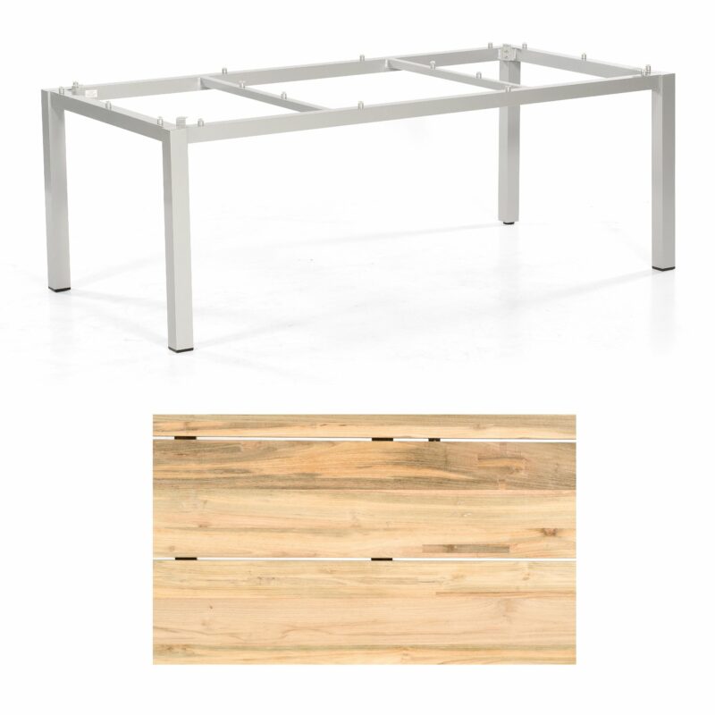 Sonnenpartner "Base" Gartentisch, Gestell Aluminium silber, Tischplatte Old Teak Natur, Größe: 200x100 cm
