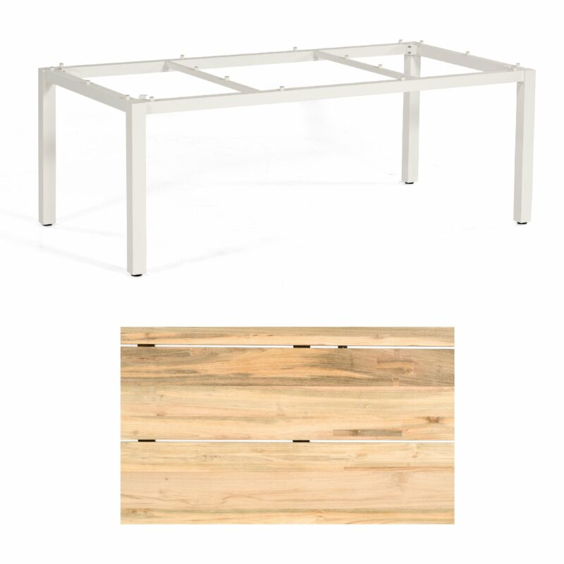Sonnenpartner "Base" Gartentisch, Gestell Aluminium weiß, Tischplatte Old Teak Natur, Größe: 200x100 cm
