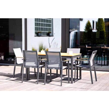 Jati&Kebon Gartenmöbel-Set mit Stapelstuhl "Beja" und Ausziehtisch "Mallorca", Alu anthrazit, Tischplatte Teak
