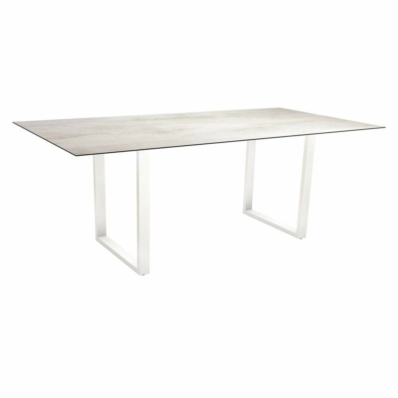 Stern Kufentisch, Maße: 200x100x73 cm, Gestell Aluminium weiß, Tischplatte HPL Zement hell