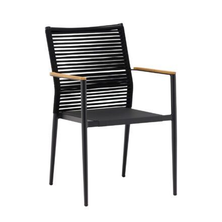 Zebra "Spider" Stapelsessel, Gestell Aluminium graphite, Rückenfläche Rope black, Sitzfläche Textilen, Teak-Armlehnen, inkl. Kissen dark grey