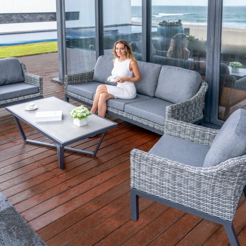 Hartman "Cairo" Loungesessel und Loungesofa, Aluminium xerix, Geflecht diamond grey mit Loungetisch "Luxor", Aluminium xerix, Keramikplatte grau