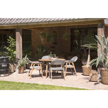 Hartman "Esmee" Gartenstuhl, Teakholz, Geflecht schwarz-weiß und "Sophie Studio" Gartentisch, Teakholz