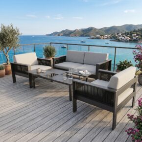 Jati&Kebon Loungegruppe "Miray", Aluminium eisengrau, Rope schwarz, Kissen hellgrau, verstellbarer Loungetisch "Liem" (Bild KI-generiert)