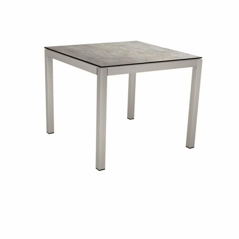 Stern Tischsystem, Gestell Edelstahl Vierkantrohr, Tischplatte HPL Metallic grau, 90x90 cm