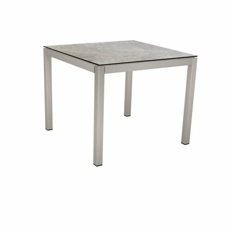 Stern Tischsystem, Gestell Edelstahl Vierkantrohr, Tischplatte HPL Vintage stone, 80x80 cm