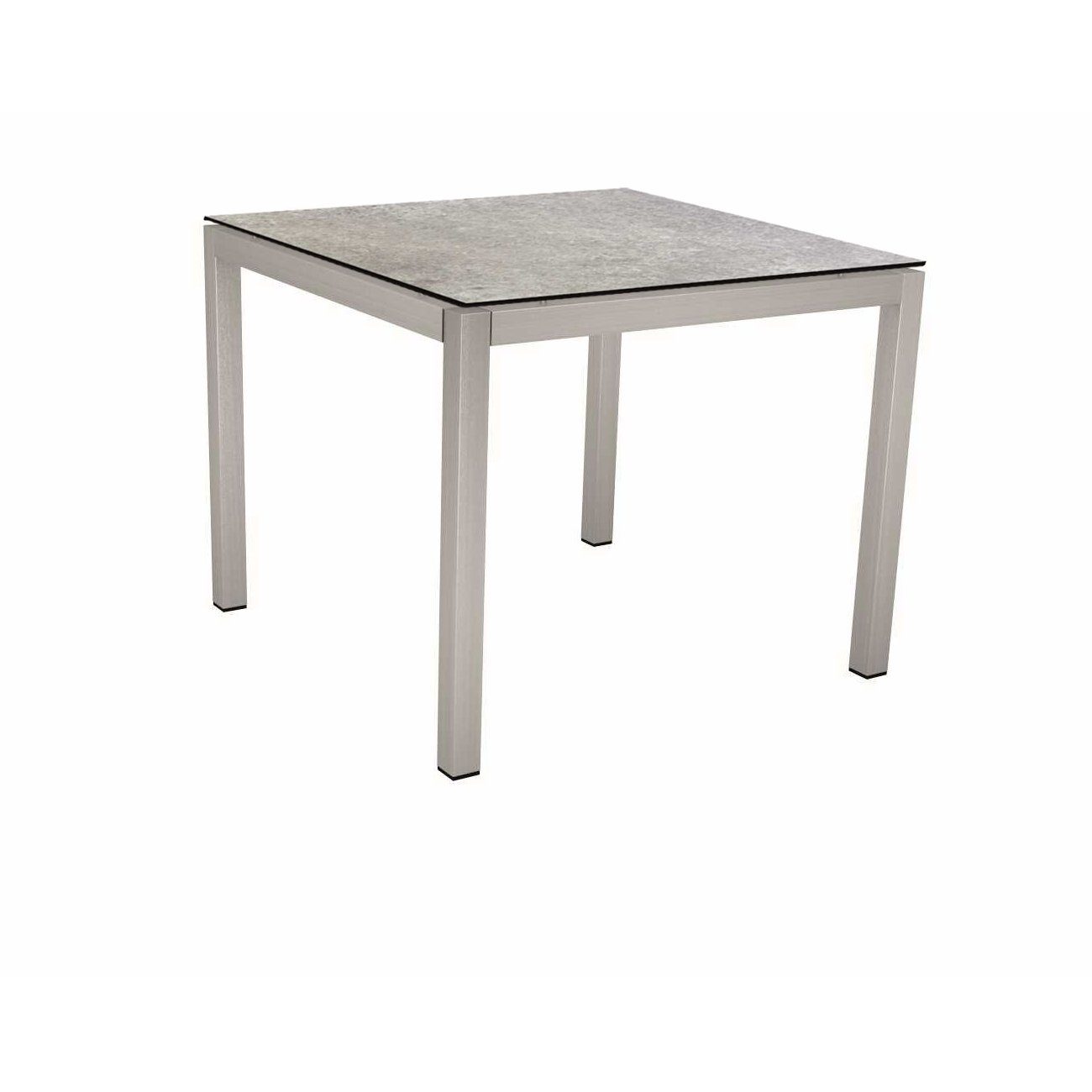Stern Tischsystem, Gestell Edelstahl Vierkantrohr, Tischplatte HPL Vintage stone, 90x90 cm