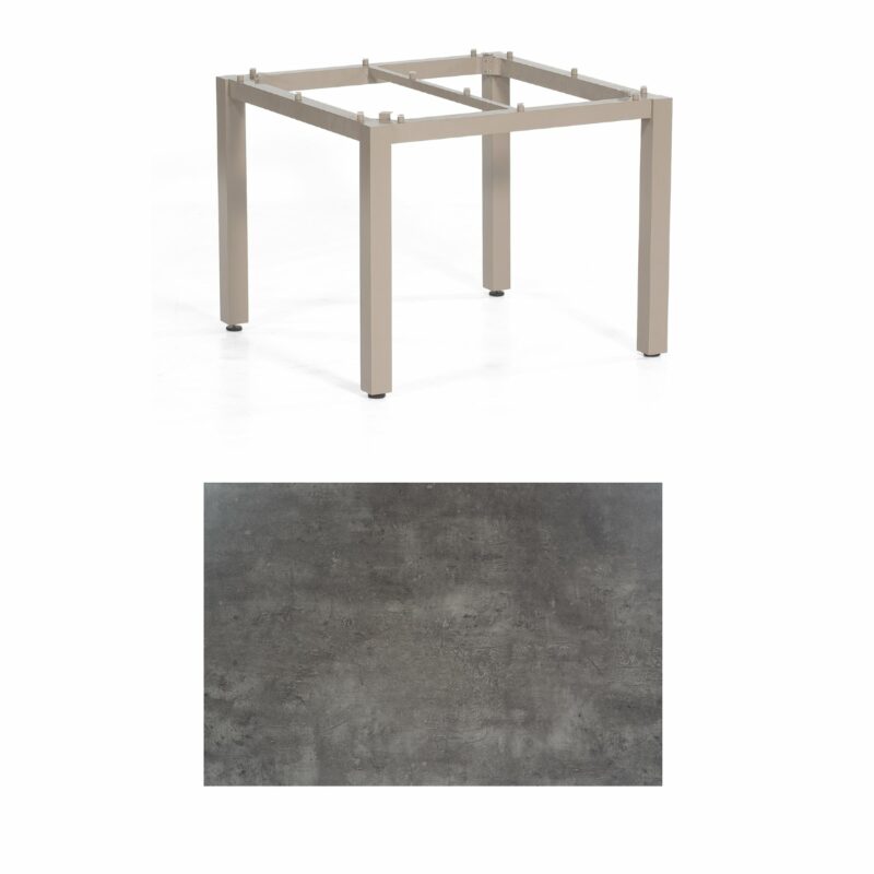 SonnenPartner Tisch „Base“, Gestell Aluminium champagner, Tischplatte HPL Beton dunkel , 90x90 cm