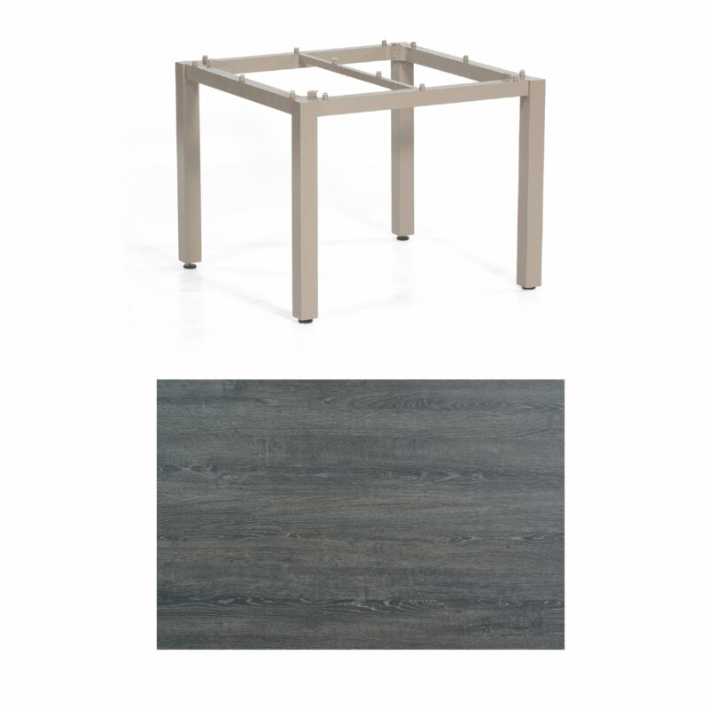 SonnenPartner Tisch „Base“, Gestell Aluminium champagner, Tischplatte HPL Pinie dunkel, 90x90 cm