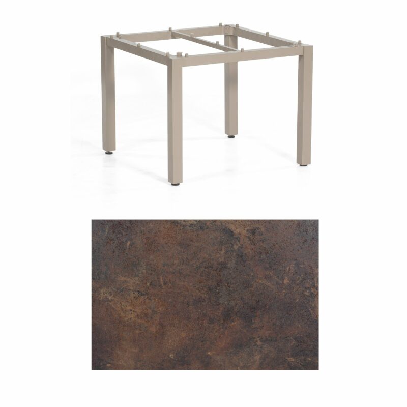 SonnenPartner Tisch „Base“, Gestell Aluminium champagner, Tischplatte HPL Rostoptik, 90x90 cm