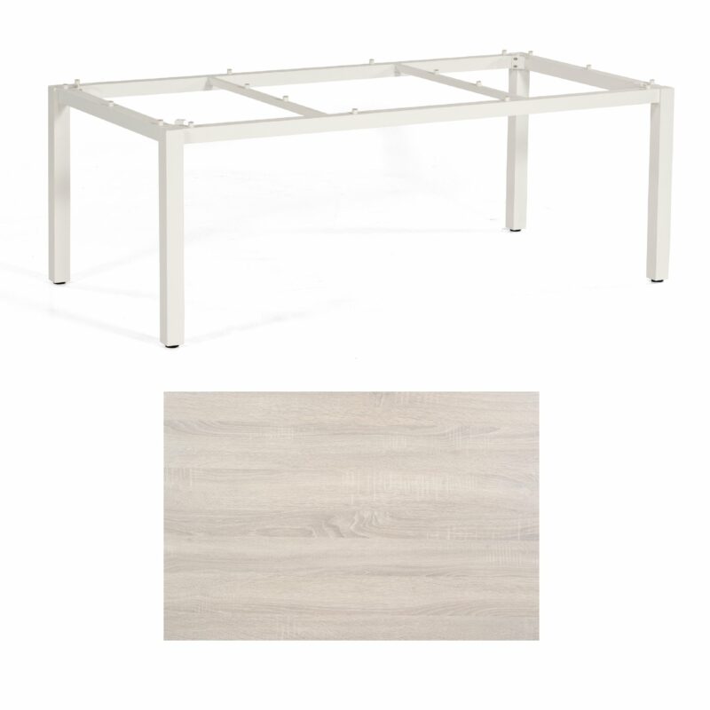 SonnenPartner Tisch „Base“, Gestell Aluminium weiß, Tischplatte HPL Eiche sägerau, 200x100 cm