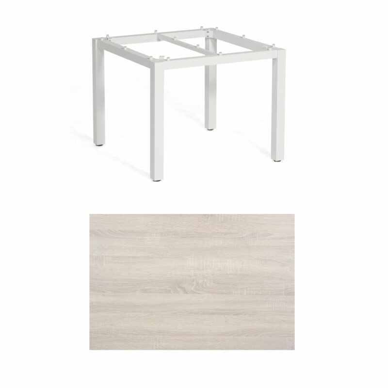 SonnenPartner Tisch „Base“, Gestell Aluminium weiß, Tischplatte HPL Eiche sägerau, 90x90 cm