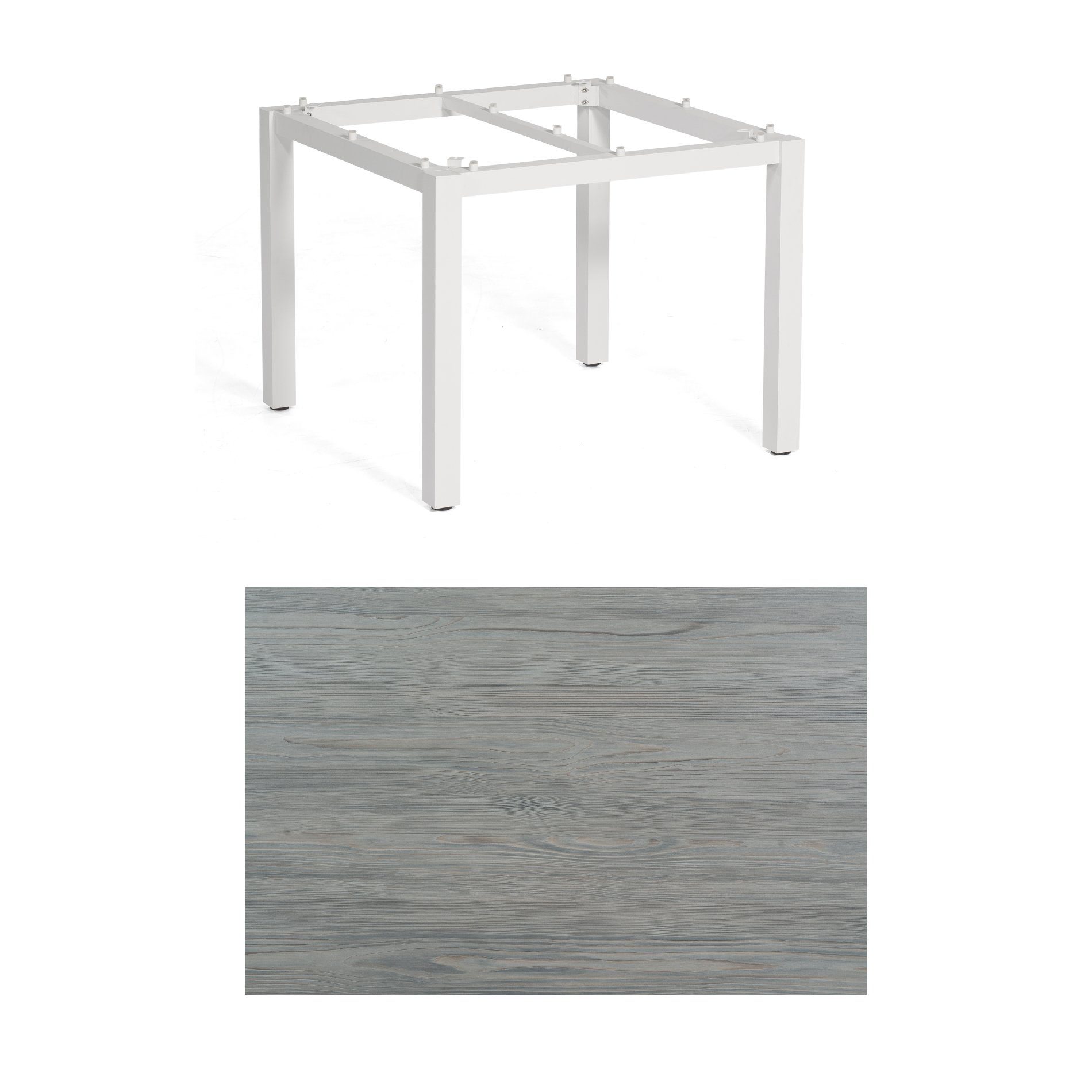 SonnenPartner Tisch „Base“, Gestell Aluminium weiß, Tischplatte HPL Vintageoptik, 90x90 cm