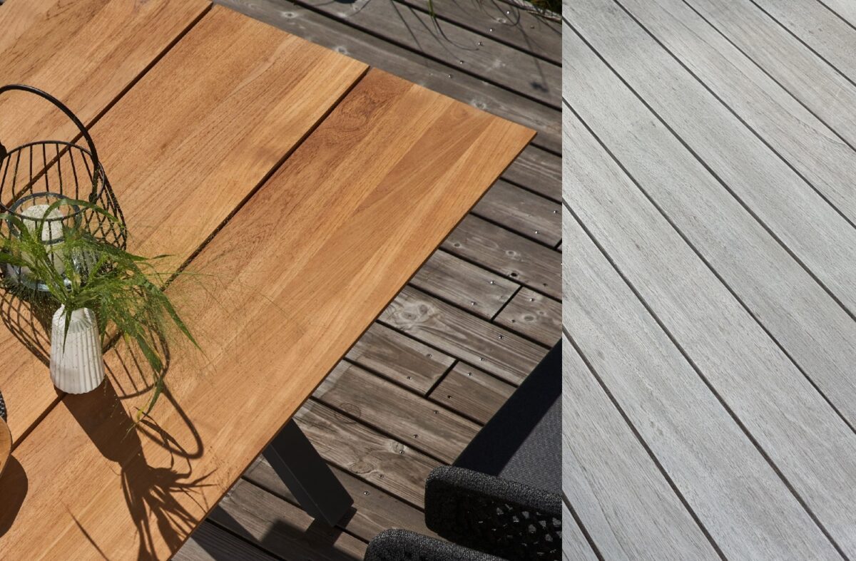 Links: Gartentisch mit goldbraunem Teakholz. Rechts: Teak-Tisch mit silbergrauer Patina